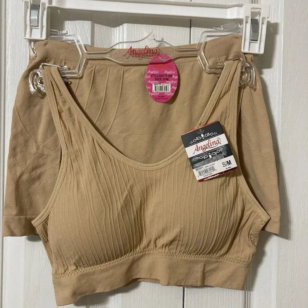 Set Active Sports Bra and Shorts Sz S/M Angelina Beige Textured Top Comfort